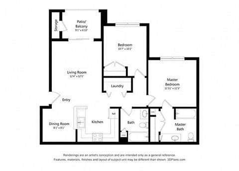 Floor plan for 2 beds, 2 baths, 911 sqft